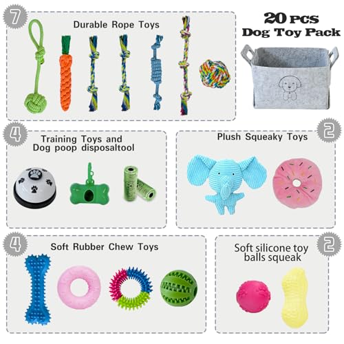 MRSOHRET 20Pcs Puppy Chew Toys for Teething, Dog Chew Toys with Rope Toys, Pet Dog Toothbrush, Treat Balls, Plush Toys and Squeaky Toy for Small Medium Dogs with Basket (20 Pack Elephant) - color: 20 Pack Elephant