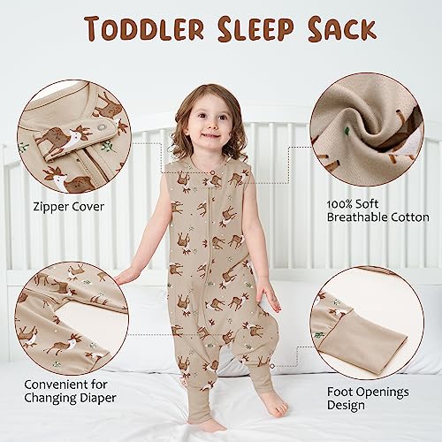 Miracle Baby Sleep Sack with Feet, 0.5 TOG 100% Cotton Wearable Blanket with Legs, Sleeveless Sleeping Bag for Babies(2 Pack) - color: Deer + Hedgehog, size: S (6-18 Months)