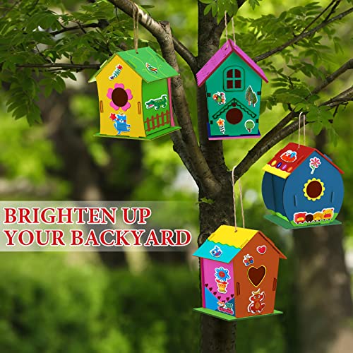 107 Pcs Wooden Birdhouse DIY Kits Includes 21 Unfinished Wood Mini Bird House 24 Watercolor Pen 50 Bird Butterfly Flower Slices 12 Animal Stickers for Adults DIY Craft Making Supplies (Cute)