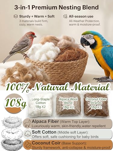 100% Natural Bird Nesting Material Refill 108g for Wild Birds & Small Pets | Premium Alpaca Fiber, Long-Staple Cotton & Coconut Coir, Safe Nesting Bedding for Hummingbird, Finches, Parrots, Hamsters