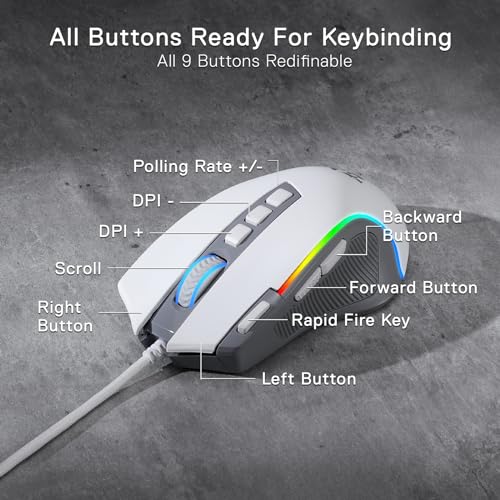 Redragon M612 Wired RGB Optical Gaming Mouse 8000 DPI Remapping Keys | Stable Lag-Free Connection, Redefine Keybinding Macro, Rapid-Fire Side Clicker, Vibing Backlight - color: Gray, style: Wired
