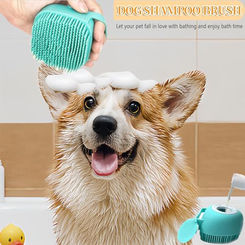 Pet Bath Scrubber Brush, Dog Grooming Massage Shampoo Bath Brush with Soap and Shampoo Dispenser Soft Silicone Bristle for Long Short Haired Dogs Cats Shower (Blue)