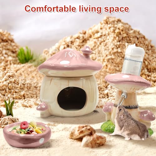 Mushroom Ceramic Hamster Hideout, Water Bottle with Stand, Food Bowl, Hamster Accessories (Pink) - color: pink