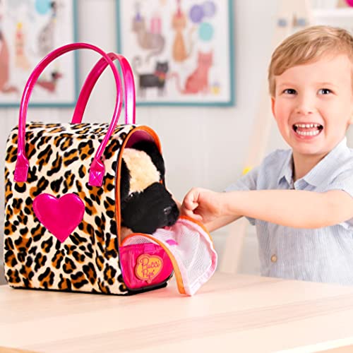 Pucci Pups Plush Pet Carrier Set, Pug with Leopard Print Carrier | 3-piece set with 1 dog with bow, 1 carrier, and 1 comb for cuddling, grooming, and take-along pretend play, Plush, 2+ Years - style: Pug - Heart Print Bag
