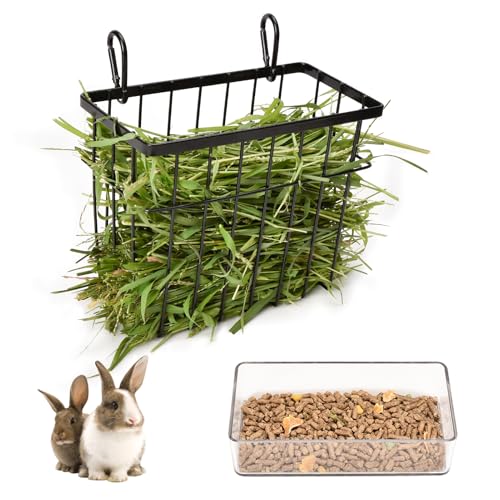 SANGLE SOPFFY Rabbit Feeder and Bunny Food Bowl with Hay Rack for Guinea Pigs, Chinchillas,Holland lop Bunny - Pet Hay Dispenser&Multifunctional Pellet Food Dish - color: black-2