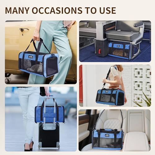 Pet Carrier Airline Approved, Soft Sided Cat Carrier for Small Pets up to 13 lbs, TSA Approved Dog Travel Bag, Portable Soft Sided Pet Carrier for Kittens and Puppies (Blue, Travel Litter Box) - color: Blue