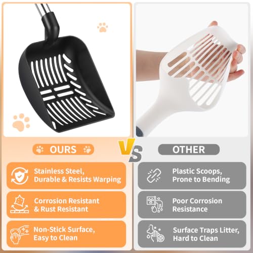 Metal Cat Litter Scoop: 32.3in Long Handle Litter Scooper | Heavy Duty Stainless Steel Pooper Scooper w/Deep Shovel-Detachable Non Stick Litter Sifter w/Foam Padded Grip-No Bending Back - color: black shovel