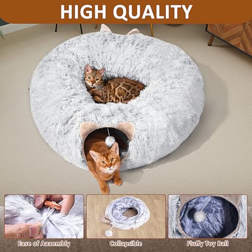Cat Tunnel with Cat Bed for Indoor Cats, Under Christmas Tree Soft Plush Peekaboo Cat Cave Donut Tunnel, Multifunctional Playground Toys Hideplace for Kittens, Rabbit, Ferret (Grey) - color: GREY