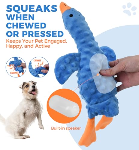 Squeaky Plush Dog Toy for All Breeds, Multifunctional Goose Dog Toy with Honking Sound, Crinkle Paper, Treat Pocket, Durable Soft Stuffed Animal for Chewing, Cuddling, Interactive Play (Blue) - color: Blue