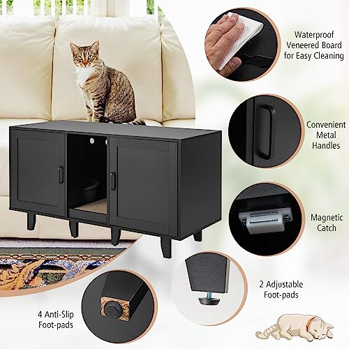 PETSITE Litter Box Enclosure for 2 Litter Boxes, Hidden Cat Washroom TV Stand End Table with 2 Cabinet, Scratching Board, Indoor Cat Litter Furniture, Patented - color: Black