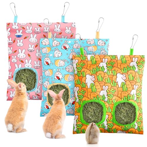 UPINS 3Pack Guinea Pig Hay Feeder Bag,Bunny Rabbit Cage Bag Hanging Holder | Guinea Pig Cage Feeder,for Bunny Rabbits,Chinchillas,Hamsters,Small Pets,and Animals - color: Orange Blue Pink
