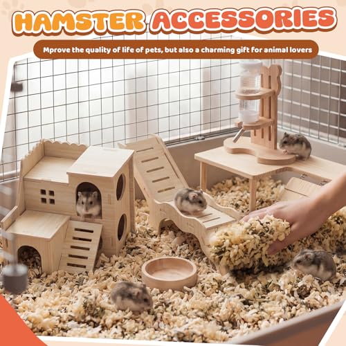5 Pcs Hamster Cage Accessories, Wood Hamster Play Wooden Platform Water Bottle with Stand Climbing Set for Rat Mice Small Animals Pets Habitats Woodland Decor(Villa Playground) - style: Villa Playground