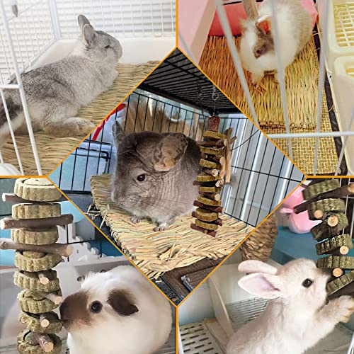 Bunny Grass Bed Mat 18Pcs Rabbit Chew Toys Set Hand-Made Woven Hay Mat | Wood&Bamboo Sticks and Timothy Grass Cake&Ball,Small Animals Teeth Grinding Chew Treat Toy for Guinea Pig - size: 18PCS Bunny Chew Toys