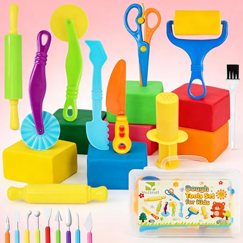 Kleeblatt Dough Tools Set for Kids - 19 Pcs Playdough Kit | 9 Basic Dough Tools, 9 Double-Headed Clay Carving Tools, 1 Cleaning Brush, Exquisite Box - color: KT-DoughTools-1
