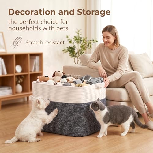 OIASKET 108L Cotton Rope Storage Basket for Living Room and Bedroom 25"x16"x16" Woven Laundry Basket, Heavy Duty Bin for Blankets, Pillows & Toys, Pet-Safe & Scratch-Free, Dark Grey and White - color: Dark Grey & White