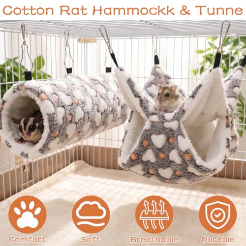 4 Pieces Ferret Hammock Set Ferret Cage Accessories Cozy Hanging Bed Tunnel Hideout Coffee Hearts Soft Coral Fleece Arctic Fleece for Hamster Guinea Pig Rat Squirrel