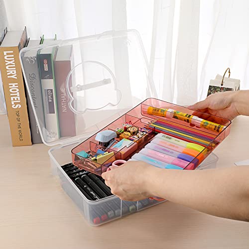 BTSKY 2-Tier Cute Bear Storage Box with Removable Divided Tray Portable Clear Plastic Art Craft Supply Organizer Stackable Home Office Supplies Storage Container for Pens Notes A4 papers etc (Pink) - color: Pink