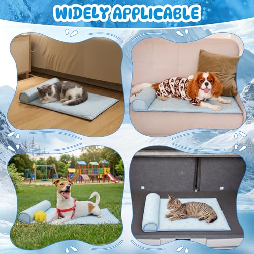 DoubleFill 4 Pack Cooling Pet Mats 23.6" x 31.5" Cooling Dog Beds with Supportive Pillow Self Ice Washable Cool Pads Summer Cat Sleeping Pad with Storage Bag for Summer Crate Floor (Large, Blue) - size: Large, style: Blue