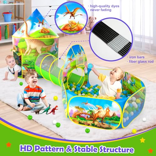 PigPigPen 3pc Dinosaur Play Tent for Kids, Baby Ball Pit, Crawl Tunnel, Castle Tents for Toddlers, Children Indoor & Outdoor Playhouse Toys, Perfect Kid’s Gifts - style: 3PC Dinosaur Tent