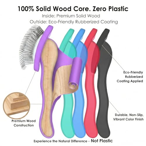 Wooden Long Pin Slicker Brush for Large Dog, Poodles & Doodles Long Hair | Grooming, Fluff & Detangle Heavy Dense Wavy Curly Coats to Easily Prevent Severe Hair Matting During Shedding Seasons - color: Purple