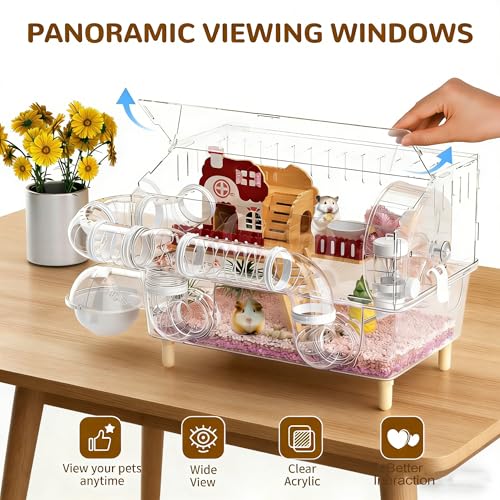 8 in 1 Acrylic Hamster Cage 2 Tier Dwarf Hamster Cage 360° Clear Viewing | Hamster Cage Transperant Hamster Habitat Top Open Gerbil Cage Mouse Cage with Tubes for Pet Mice (Clear, 17.7"x13"x11.8") ﻿