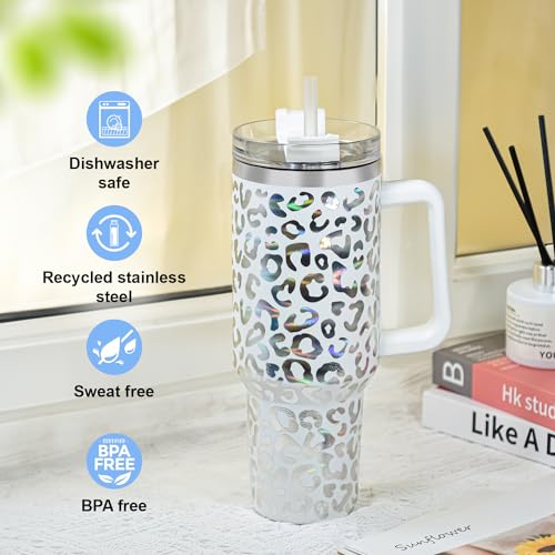 40 oz Tumbler with Handle and Straw, 100% Leak-Proof Travel Mug, Stainless Steel Double Wall Vacuum Insulated Coffee Cup Keeps Cold For 34 Hours, Dishwasher Safe, Hawkes Blue Leopard - color: Hawkes Blue Leopard