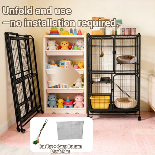 Multi-Tier Collapsible Cat Cage Crate, Metal Wire Cat Enclosures for Indoor | Cat playpen with 360° Wheels and Secure Lock,Large Ferret Kennel for Adult Cats Kitten Chinchilla (Black 4-Tier)