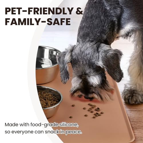 VIVAGLORY Pet Food Mat Flexmat Dog Bowl Mat, L, Khaki | Non Slip Silicone for Pet Kitten & Doggy, Placemat with Lip for Floor - color: Khaki, size: L (24.0 x 15.7in)