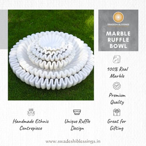 SWADESHI BLESSINGS Handcrafted Large Marble Ruffle Bowl for Home Decor, 9" | 100% Real White Marble, Catchall Scalloped Fluted Decorative Bowl for Fruits, Coffee&Dining Table, Entryway Decor, Gift-Ready - size: 9 Inches