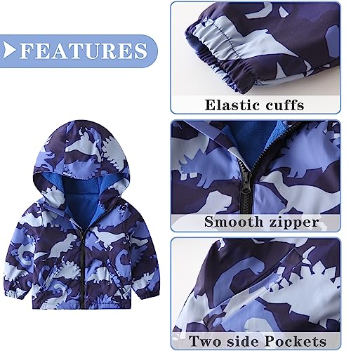 Happy Cherry Toddler Boy Girl Fleece Lined Jackets Waterproof Hooded Windbreaker Coat for Winter Fall 2023 - color: Thick Camo Blue Dino, size: 3-4T
