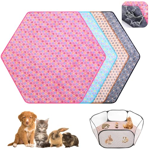 Preboun 4 Pcs 47 in Guinea Pig Playpen Pad Waterproof Hexagon Mat Reusable Dog Playpen Liner for Small Animal Rabbit Cage Tent Pee Pad Washable Yard Fence(Vivid Star)
