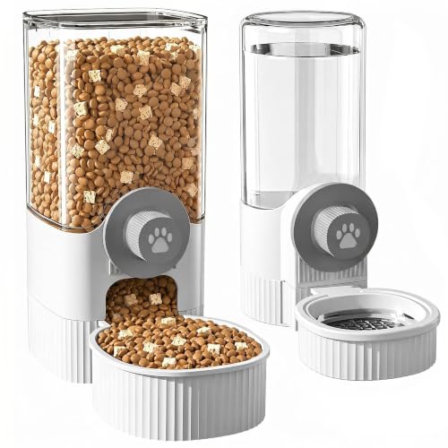 Automatic Rabbit Feeder and Water Dispenser Set,40oz Gravity Food Feeder&17oz Leak-Proof Water Bottle for Guinea Pigs,Hamsters,Chinchillas,Ferrets,Small Animals,Cage Mount Feeding Station white