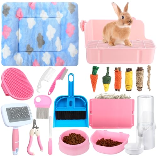 20 Pcs Rabbit Starter Kit Small Bunny Litter Box Animal Grooming Kit with Hanging Pet Bowls Water Bottle Bunny Toys Flannel Blankets with Cleaning Set for Guinea Pig Rabbit Accessories(Pink) - color: Pink
