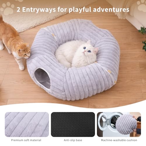 Dogpals Cat Tunnel Bed Cave 33" Lx10 Wx10 H for Indoor Cats(Grey) | Washable Cozy Cushion, Soft Striped Plush Fabric, Hideaway Peekaboo Cave for Kittens, Puppies, Rabbits & Small Pets - color: Grey