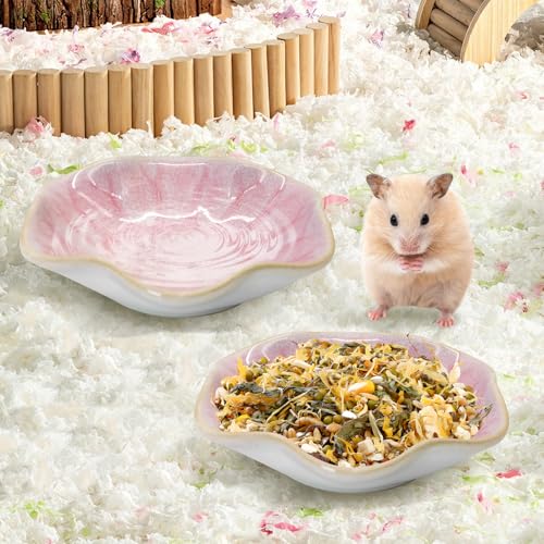 BNOSDM Shallow Ceramic Hamster Food Dish 2 Pcs Small Animals Food Bowl Lotus Feeding Dishes for Gerbils Mice Rats 4.5in (Pink) - color: Pink Lotus