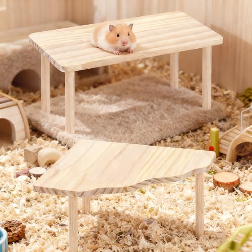 2-Piece Set Hamster Play Wooden Platform for Dwarf Syrian Hamsters Gerbils Mice Degus or Other Small Pets