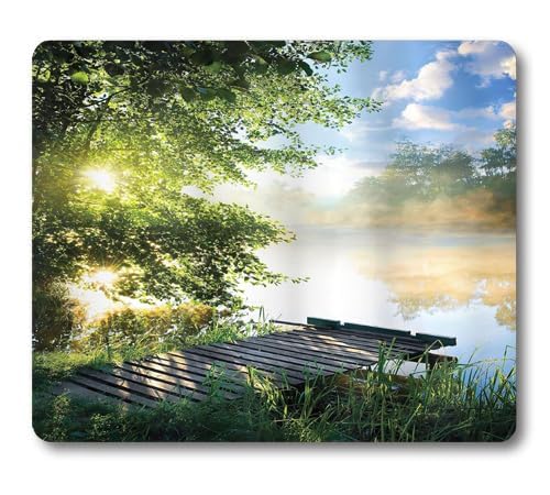Fishing Pier by Lake Mouse Pad, Nature Sunrise Landscape Desk Mat | Clouds and Trees Scenery in The Morning, 9.5"x 7.9", Cute Smooth & Anti-Slip Mousepad - color: Green Blue