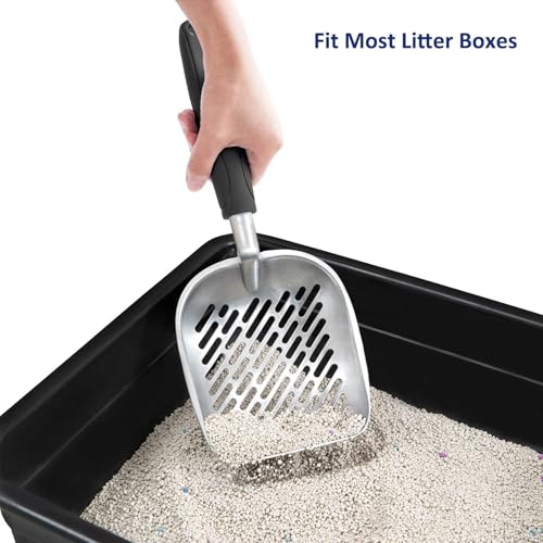 Cat Litter Scoop, Aluminum Alloy Sifter, Kitty Metal Scooper, Deep Shovel with Diagonal Sifting Hole, Long Handle, Kitten Poop Lifter for Litter Box, Medium Size, Black Handle - color: #06 Black, size: Medium