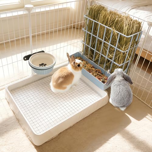 BESNEW 3 in 1 Rabbit Hay Feeder with Litter Box,Upgraded Metal Hay Rack & Litter Tray & Water Bowl,Quick Cleaning,Easy to Install,Bunny Supplies for Rabbit Guinea Pig Chinchilla Small Animals - color: Blue, size: 10in set