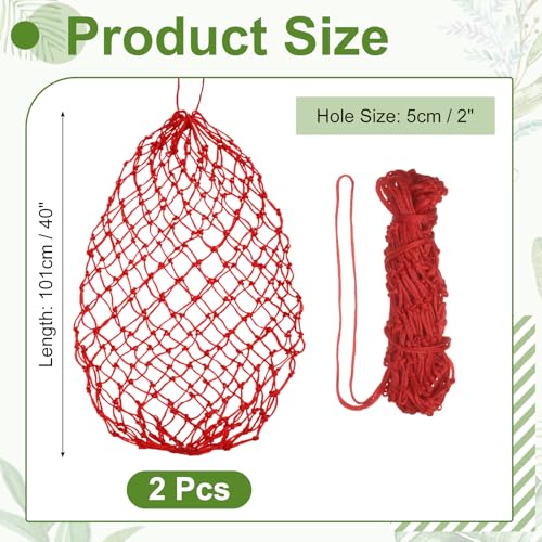 Slow Feeder Hay Net, 40" Length 2" Holes Strong Load-Bearing, Nylon Slow Feed Bag Hay Feeder, (Red, 2 Pcs), Intended for Horses/Goats/Trailer/Stall - color: Red