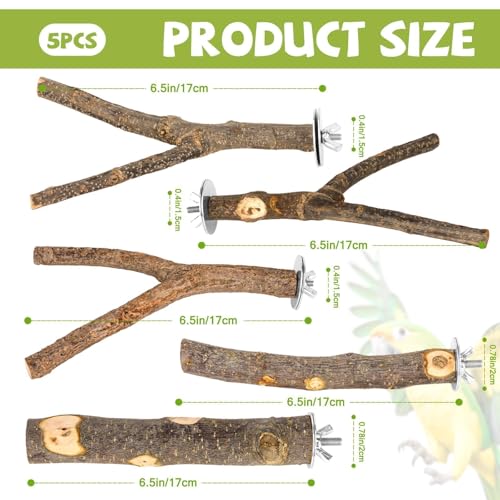 5 Pcs Natural Wood Bird Perch Stand Set for Bird Cages | Ideal for Small/Medium Birds (Budgies, Conures) | Bark Textures for Foot Health | Tool-Free Wing-Nut | Safe Chewing - size: Essential Perch Bundle - 5PCS