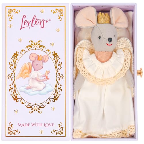 LEVLOVS Angel Mouse Nora Plush Doll in Gift Box with Bedding Set, Gold Crown and Wings, Princess Theme