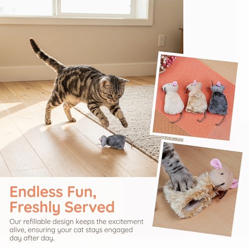 Ipetboom Refillable Catnip Toys for Cats - 3 Pack Interactive Cat Chew Toys for Indoor with Natural Long Fur and Jute Tail, Durable Plush Mouse Pet Fun Tool for Hunting and Boredom Relief