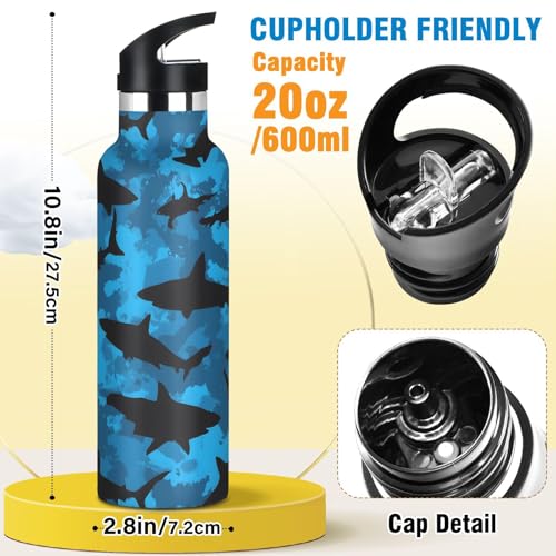 Ocean Shark Boys Insulated Water Bottle with Straw Lid,Vacuum Stainless Steel Mug Leakproof Tumbler Flask Blue Kids Water Bottle for Sports Travel School,20oz - color: Ocean Shark