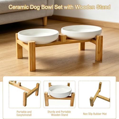 Shallow Elevated Cat Bowls with Bamboo Stand, 6.1 Inch Wide Ceramic Cat Dish Whisker Friendly, 2 Pack Pet Food and Water Plates - color: White elevated