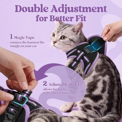 rabbitgoo Cat Harness and Leash Set, Step-in Soft Vest, Black-Light Purple | Escape Proof, Lightweight, Easy-on & Adjustable, Hook & Loop with Buckle, Reflective, for Kittens & Small Cats Walks, M - color: Black-Light Purple, size: M