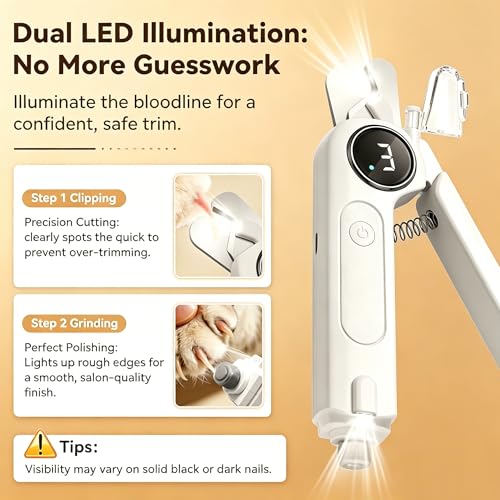 2 in 1 Dog Nail Clippers & Grinder with Light, Quiet Electric Cat Nail Trimmer for Large Medium Small Dogs & Cats, 3 Speeds, Rechargeable, Splash Guard & Safety Lock, Painless Grooming Tool (White)