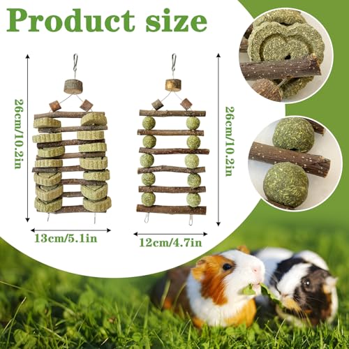 Bunny Chew Toys for Teeth Grinding, 2 Pack Double-Row Natural Grass Cake Apple Wood Hanging Rabbit Toys for Guinea Pigs, Chinchillas, Hamsters Small Pets Cage Decor