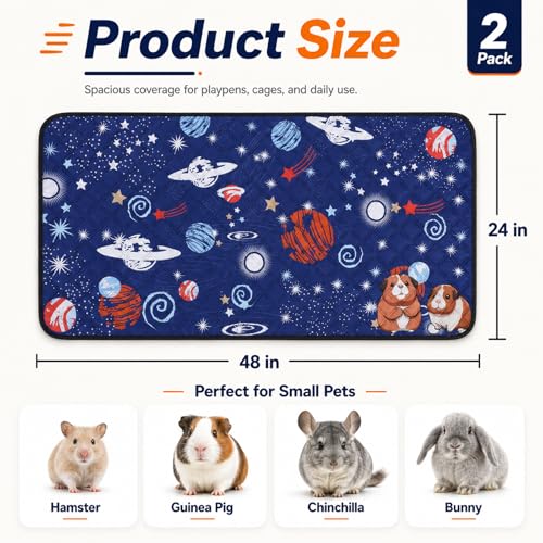 HERCOCCI 2 Pack Guinea Pig Cage Liner, 24"x48" Washable Guinea Pig Pee Pads, Absorbent Bedding Training Mat for Small Animal Guinea Pigs Rabbit Hamster Chinchilla Puppy