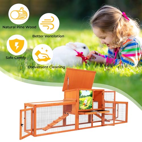 COZIWOW 82” Extra Large Fashion Wooden Outdoor Rabbit Hutch Bunny Cage Indoor Easy to Assemble and Durable with Cleaning Tray & Waterproof Roof for Small & Medium Bunny Rabbit Duck Chick (Orange) - color: Orange